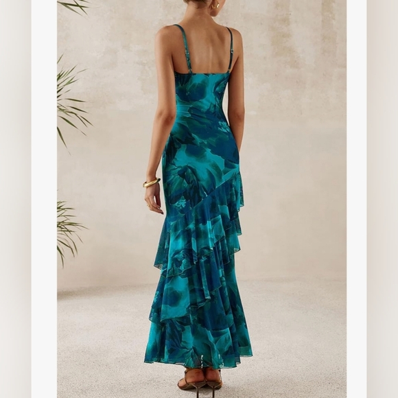 Blue Tones Tropical Ruffle Dress - Picture 2 of 10